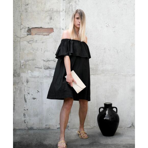 Anine Bing Dresses & Skirts - Anine Bing Off The Shoulder Ruffle Cotton Linen Short Mini Dress Small Black